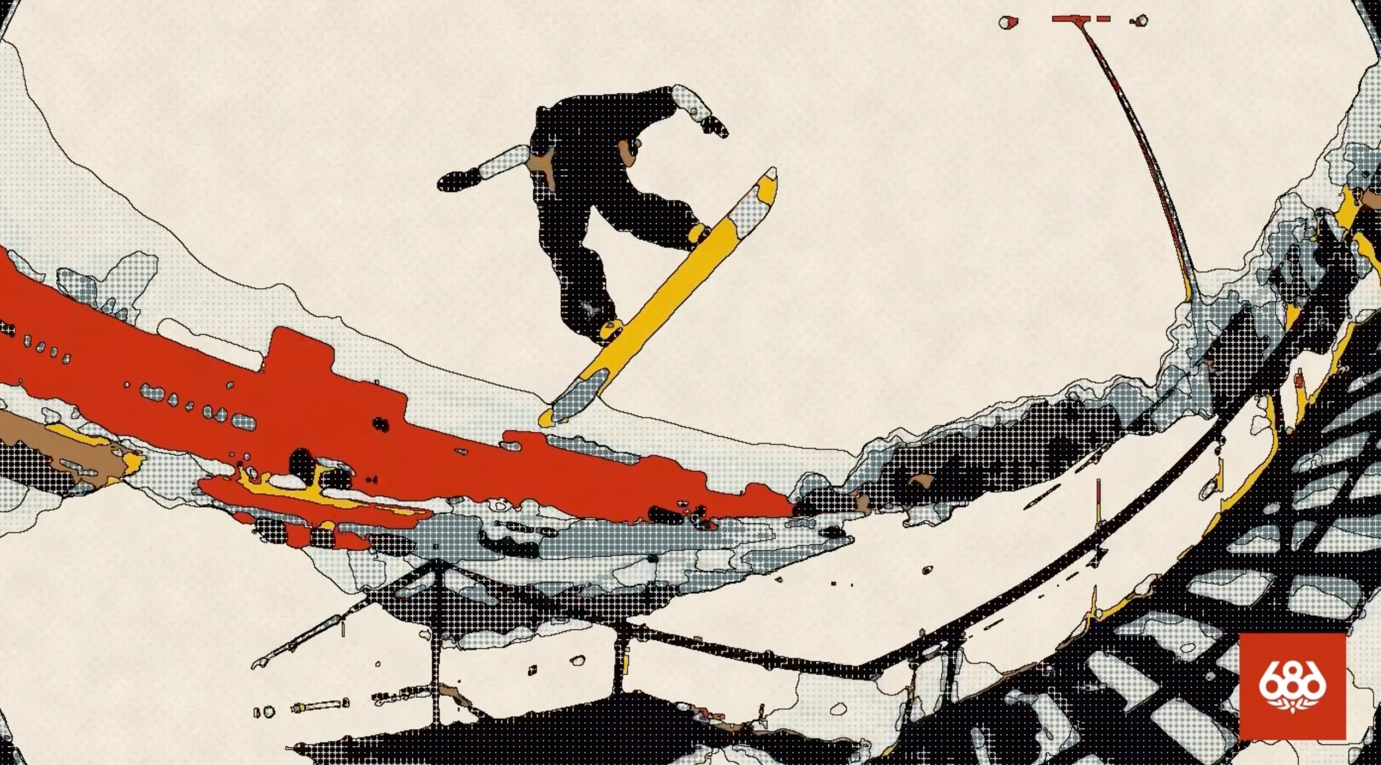 Experimental AI video still — stylized halftone snowboard frame