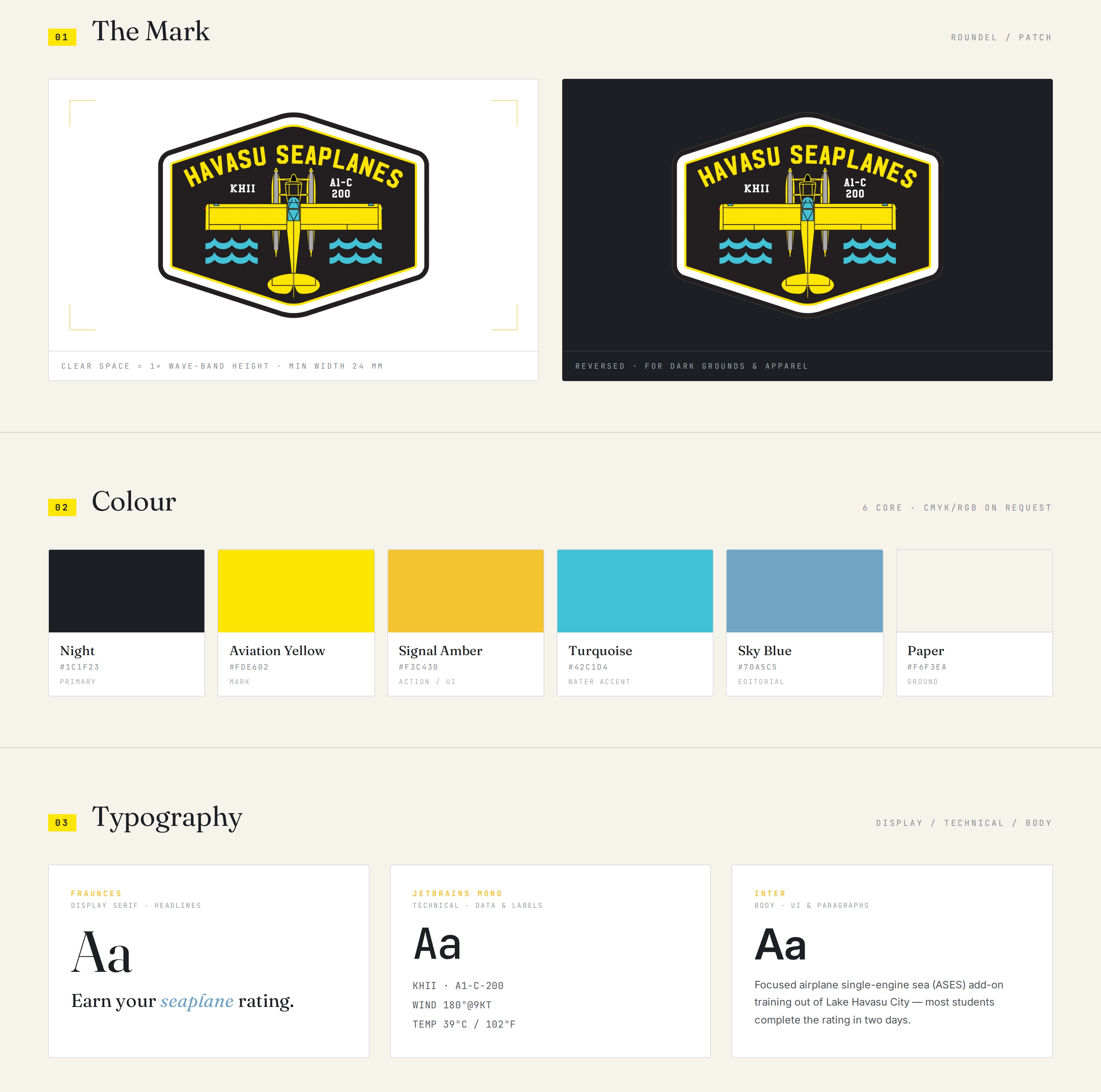 Havasu Seaplanes brand sheet — mark, colour palette, and typography