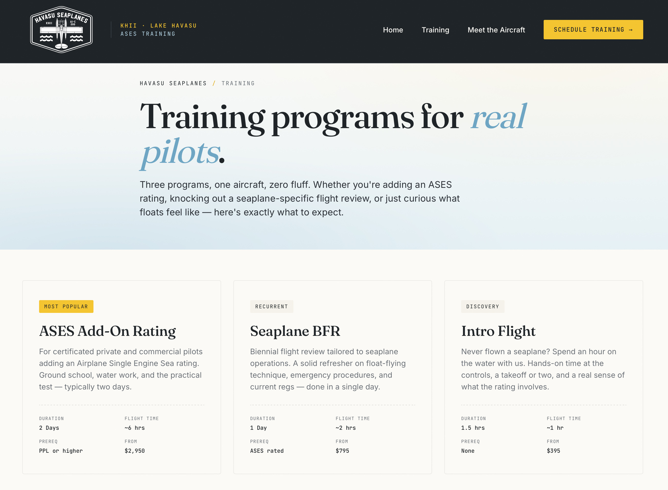 Training programs page — ASES, BFR, and intro flights