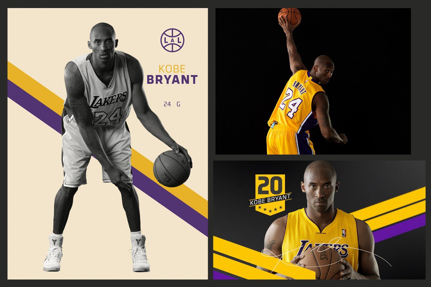 Three alternate Kobe Bryant card layouts in purple, gold and cream