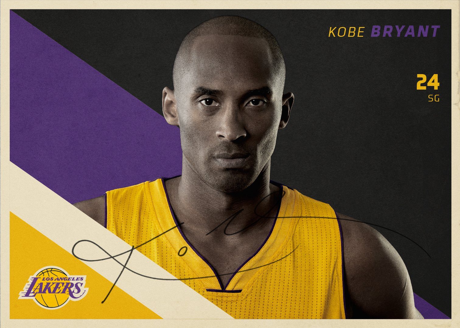 Kobe Bryant collectible card design in Lakers purple and gold with signature