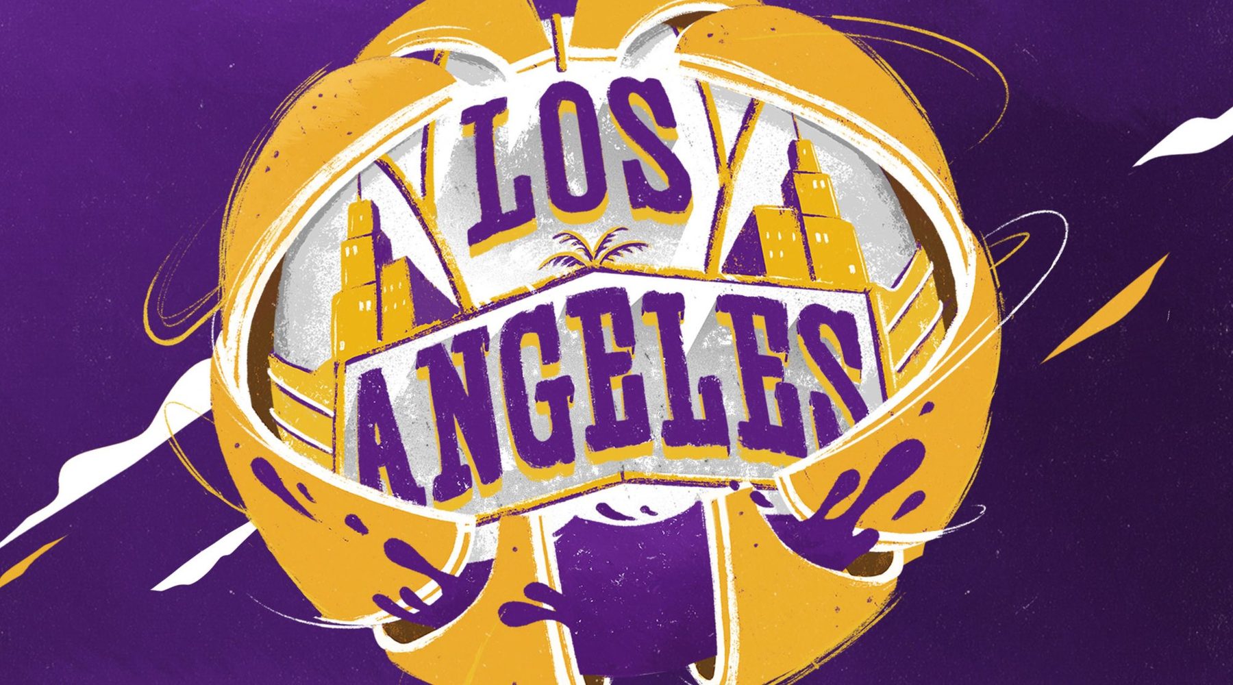 Illustrated Los Angeles basketball with hand-drawn lettering and skyline