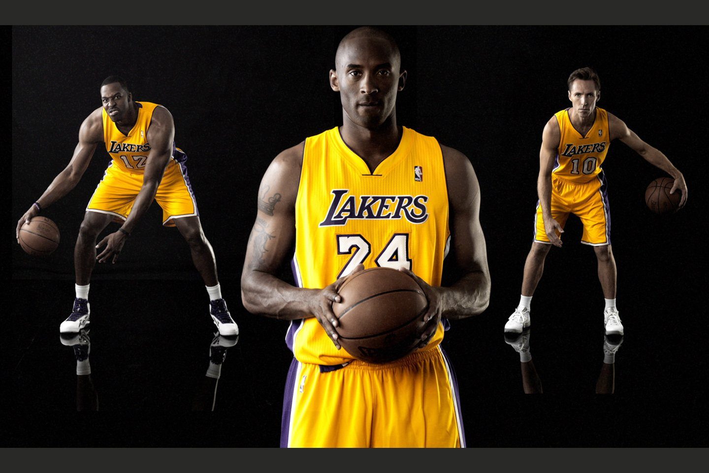 Three Lakers players photographed on black for a broadcast graphic