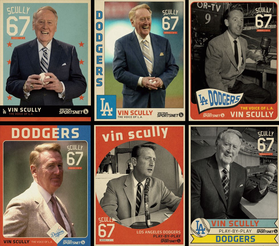 Vin Scully collector card series — six vintage-style card designs