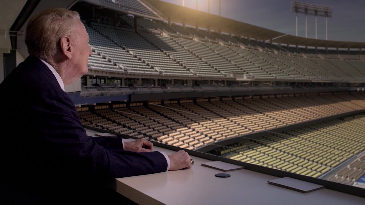 Vin Scully in the Dodger Stadium broadcast booth